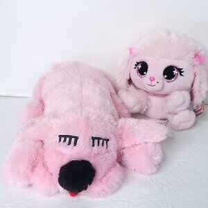Lot of 2 Pink Sleepy Glitter Puppy Dogs Brown Soft Plush Stuffed Animals Toys